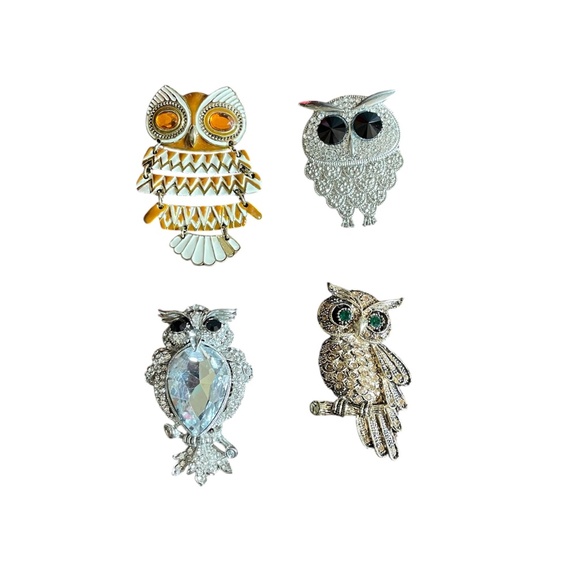 Owl Brooch Set • Lot Of 4 • Gold Silver Enamel Painted - Picture 1 of 3
